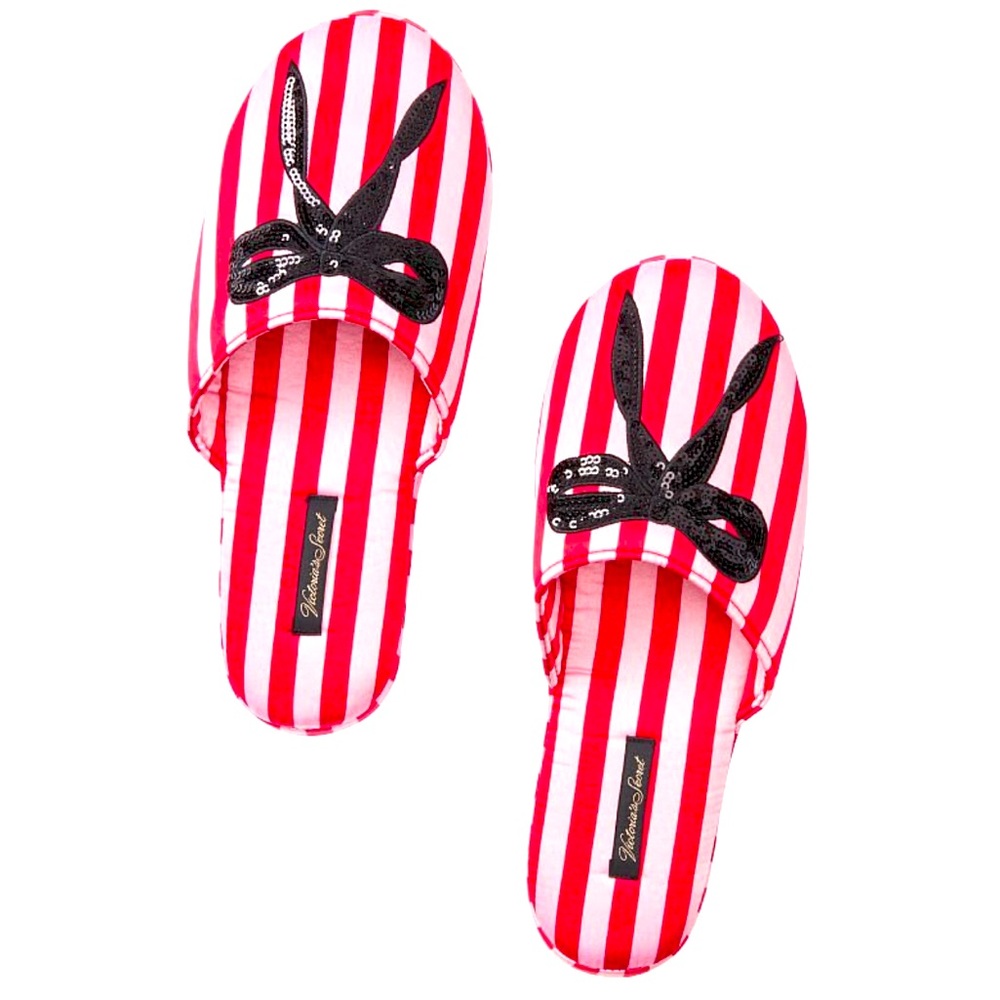NWT Victoria Secret L Signature Satin Bow Slippers